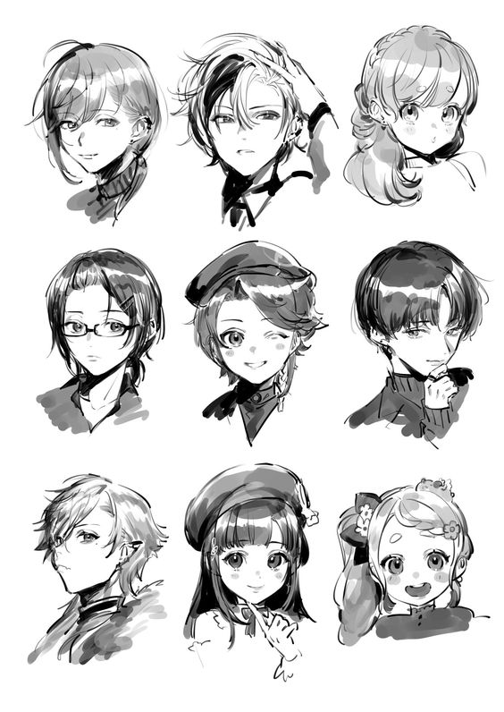 the image showcases nine individual character sketches, rendered in a charming manga or anime style. each headandshoulders portrait captures a distinct personality, expressed through varied hairstyles, expressions, and accessory details. the grayscale palette contributes to the sketches' preliminary, artistic feel.