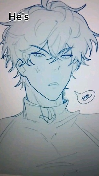 a light blue pencil sketch of an animestyle boy with spiky hair. he has a somewhat angry or frustrated expression on his face.  the sketch is incomplete, showing primarily line art with minimal shading. a speech bubble is included next to his head suggesting dialogue or thoughts.  the words "he's" are written in the top left corner.