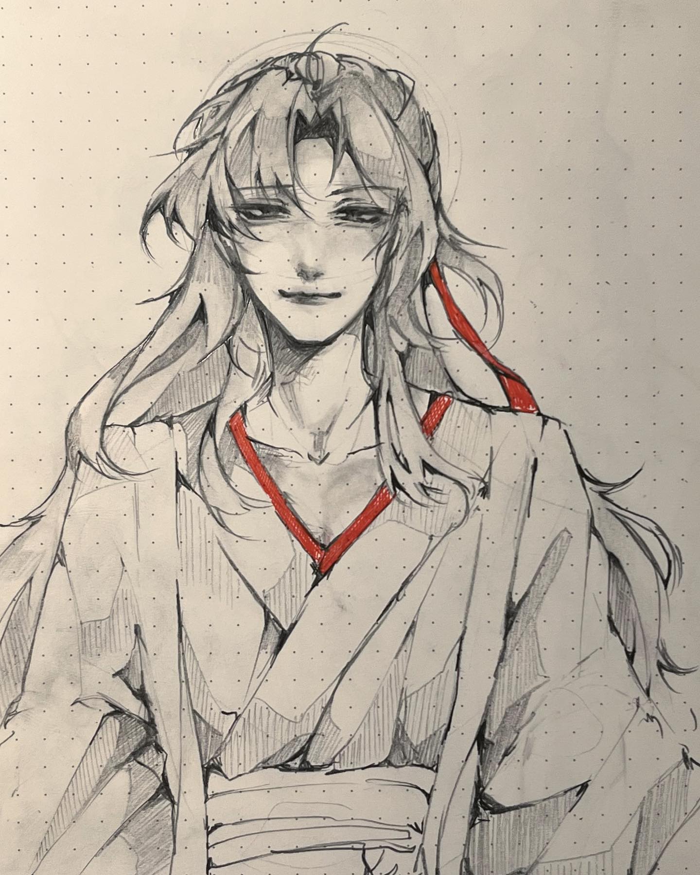 the image is a pencil sketch of an anime or mangastyle male character. he has long, flowing hair and is dressed in what appears to be a kimono or similar traditional asianinspired garment. a red ribbon is visible at his neckline. the style is detailed, with shading used to create depth and texture in the hair, clothing, and facial features. the character's expression is calm and somewhat pensive, and his eyes are expressive. the overall tone is serene and artistic, suggesting fan art or an original character design. the background is a lightly textured paper, subtly visible through the drawing.