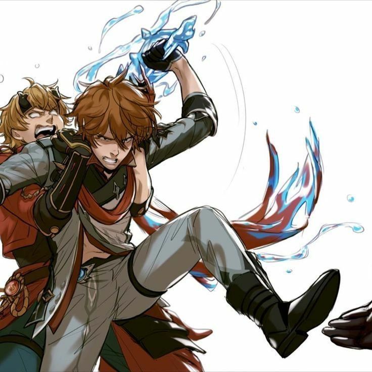 the image is a dynamic piece of animestyle fanart depicting two male characters in a fierce closequarters combat scene. one character, with reddishbrown hair, is in the midst of an attack, using what appears to be waterbased powers, creating a visual splash of blue and teal energy.  he's actively engaged with another character who has blonde hair and is seemingly trying to restrain or counter the attack.  the art style is detailed, showcasing the characters' expressions and dynamic movements, with flowing fabrics and splashes of water adding to the energy of the moment. the background is minimal, drawing focus entirely on the central action. the style strongly suggests fanart from a video game, possibly genshin impact given the character designs and art style.  a hand appears briefly in the lower right corner, suggesting a wider scene beyond the main focus.