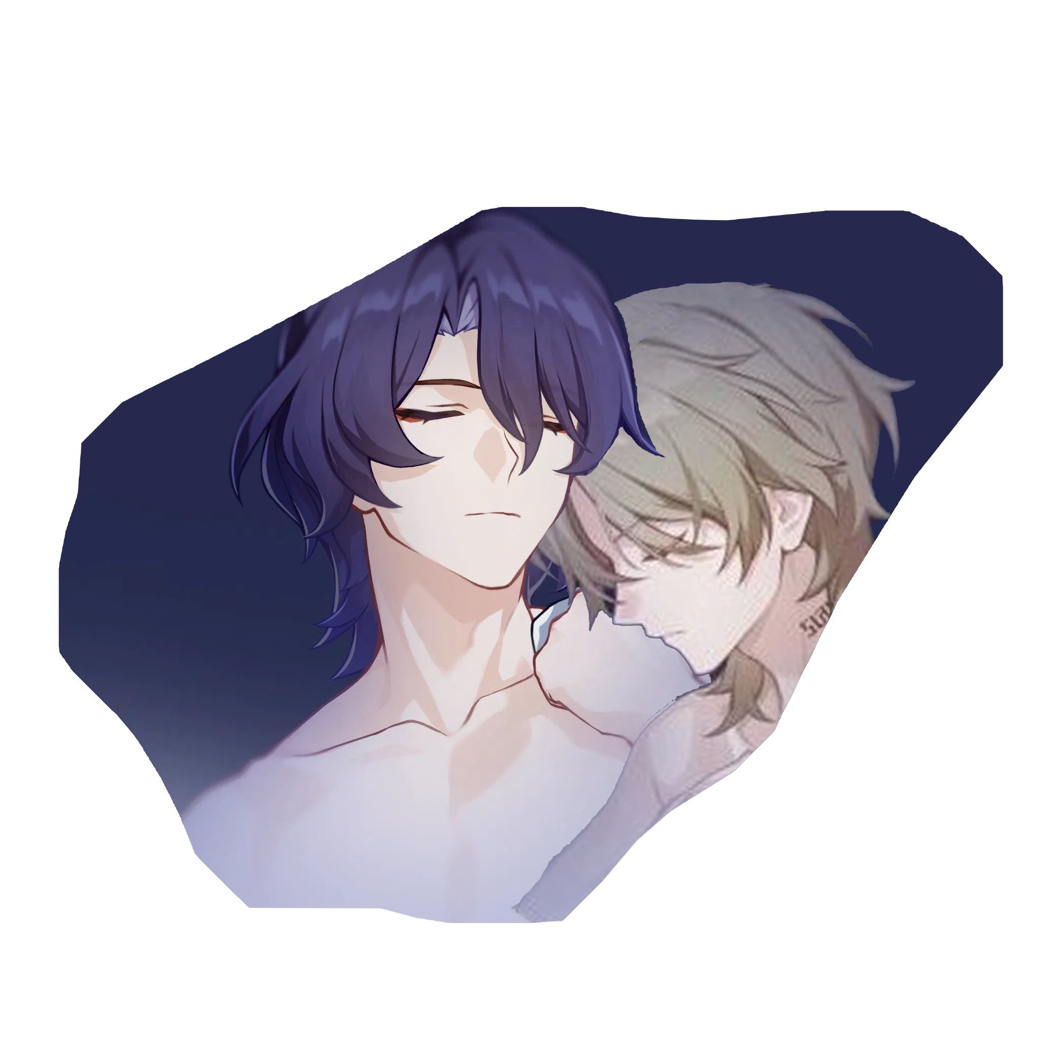 the image depicts a romantic scene of two anime boys, one with dark blue hair and the