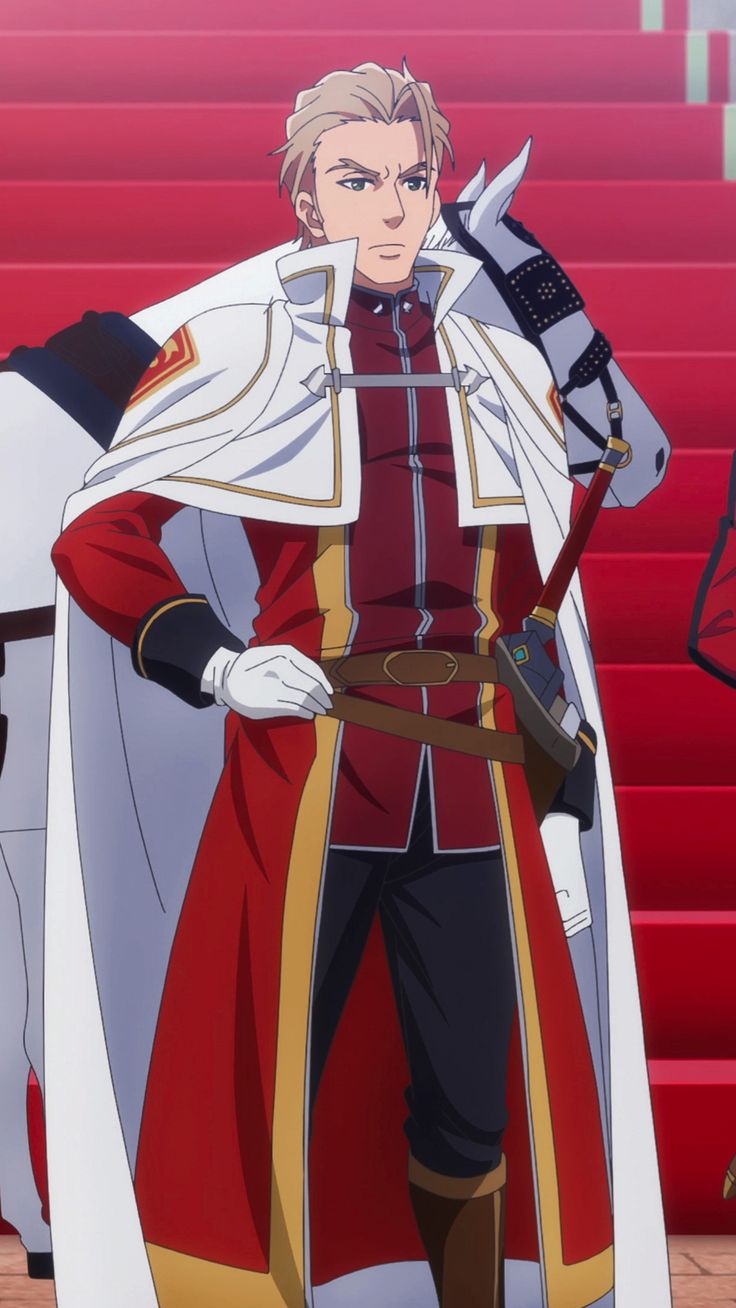 the image depicts a handsome anime character, likely a prince or a king, standing confidently on a red carpet. he is wearing a luxurious white coat with a flowing red cape and a gold trim. his black pants are tucked into brown boots, and he has a sword sheathed on his side. the man is blond and has a serious expression on his face, while the white horse he's standing beside adds to the regal feel of the scene. the entire image is filled with a sense of power and authority, suggesting a noble and important figure.