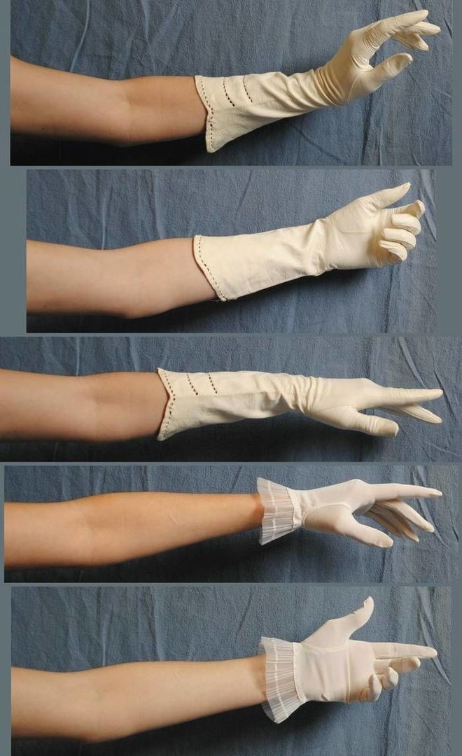 a series of five images featuring a woman's arm wearing a white long glove. each image showcases a different hand position and style of glove. the gloves range from simple to more elaborate with lace detailing. the background is a plain blue fabric, allowing the focus to be on the gloves themselves. the images highlight the various ways these gloves can be worn and styled.