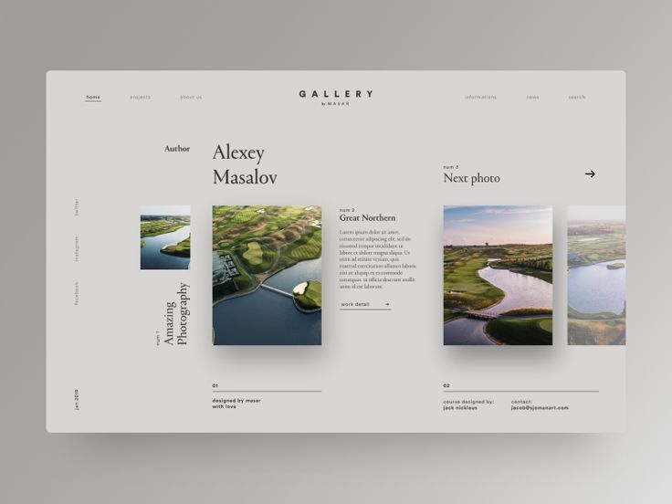 this is a webpage for a photography gallery, featuring the work of alexey masalov. the page is minimal in design, with a white background and black text.  the header shows the photographer's name and website title "gallery by masar".  two photos of a golf course are featured, one titled "amazing photography" and the other titled "great northern", with details on each photo's location and a link to "work detail" for each. there is a "next photo" button to navigate to the next photo in the gallery, along with contact information for the photographer. the overall design is modern and clean, focusing on the beautiful photography itself.