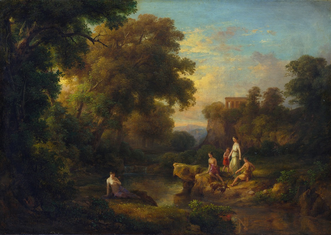 a classical landscape painting featuring a group of figures beside a river. a partially nude woman sits near the water's edge in the lower left. on the right bank, other figures, including a woman in white, a child, and a reclining man, are gathered. a deer stands among them. the background includes a forest, a river, and classical architecture atop a cliff. the sky is filled with clouds and sunlight, creating an idyllic scene.