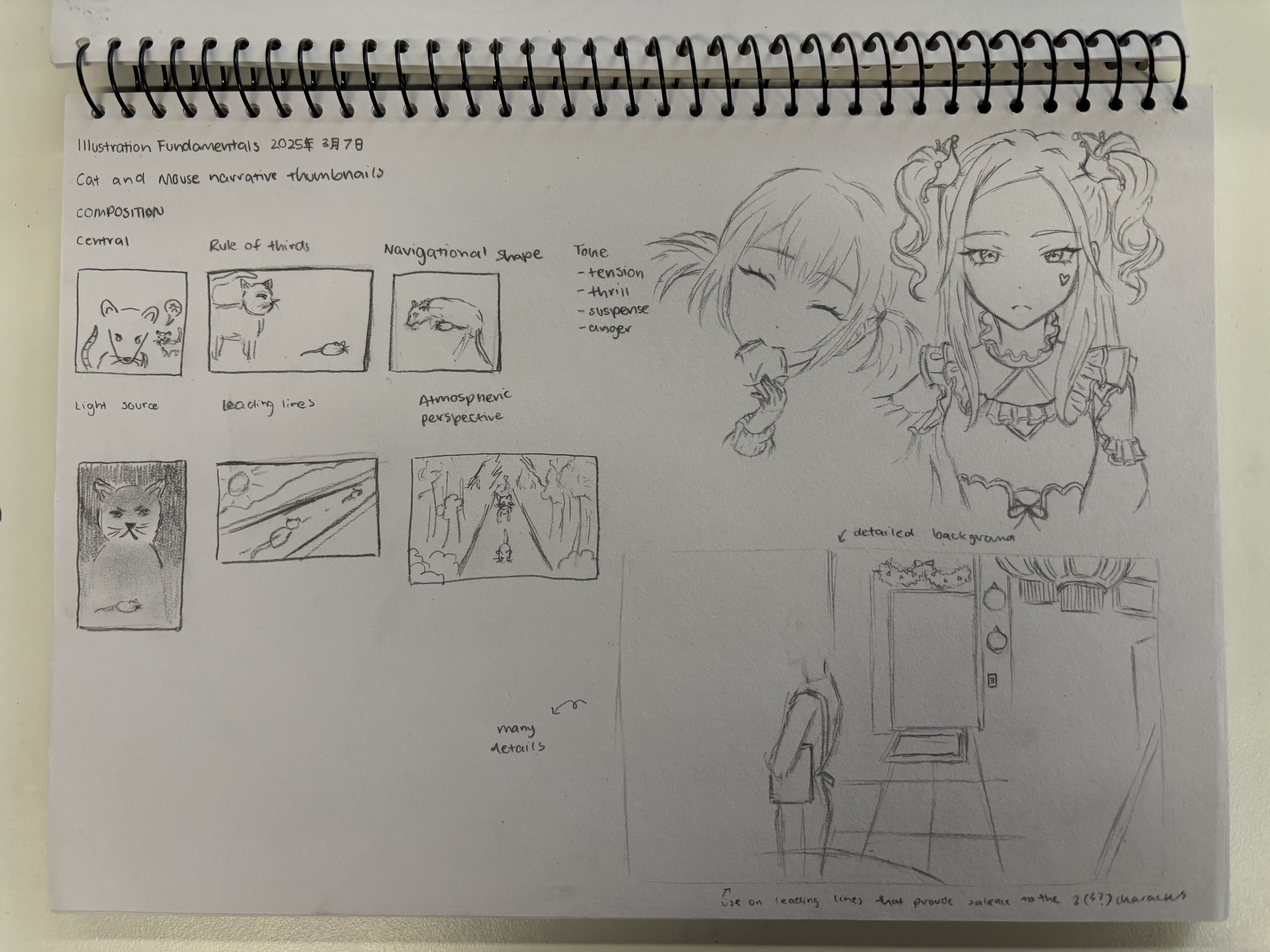 a notebook page showing illustration fundamentals with cat and mouse narrative thumbnails. the thumbnails explore composition techniques like central framing, rule of thirds, navigational shapes, light sources, leading lines, and atmospheric perspective. the sketches also include explorations of tone (tension, thrill, suspense) and anime character designs, including a detailed background sketch.