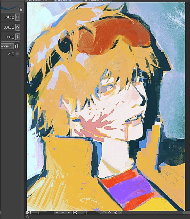 the image is a digital painting in a vibrant, stylized anime style. it depicts a closeup portrait of a young man with blond hair, wearing a red headband and a yellow jacket with purple and red striped shirt underneath. his face is partially obscured by his hair, and he has visible blood or paint splatters on his cheek, suggesting injury or a violent scene. the overall style is expressive and abstract, with bold colors, textured brushstrokes, and a slightly grunge aesthetic. the artist has utilized a painterly approach, creating a sense of movement and energy in the artwork. the composition is focused on the character's face and upper body, drawing the viewer's attention to his emotional state.