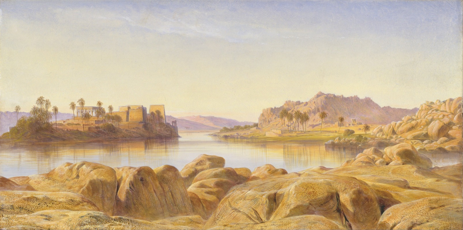 a picturesque landscape painting depicts a wide river scene with numerous large rocks and boulders in the foreground, leading to a stretch of water. in the middle ground, an island features ancient ruins and several palm trees. the sky above is a soft gradient of light blue and yellow, reflecting in the river's calm surface. a sense of tranquility and timelessness pervades the scene.