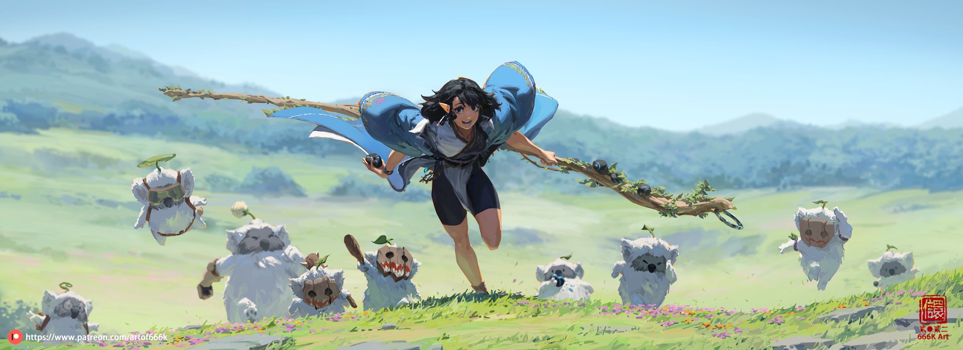 the digital painting depicts a young, smiling female elflike character with short dark hair, wearing a flowing blue robe, running across a vibrant green field. she holds a long, whimsical staff made of wood and vines.  surrounding her are several small, fluffy, white creatures with unique features, some wearing masks or helmets, seemingly accompanying her on her journey.  the background features rolling hills under a bright, sunny sky. the overall style is fantasy anime, with a light and whimsical tone. a watermark or artist signature is visible in the bottom right corner, suggesting it's from an artist named or known as "666k art".  a patreon link is also present in the bottom left.