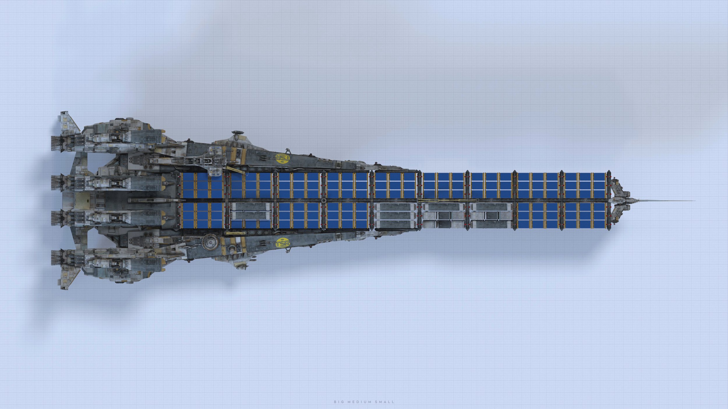 the image is a detailed, topdown 3d render of a large, futuristic spaceship or spacecraft.  the vessel is long and slender, featuring a prominent array of solar panels along its central section. the ship appears to be a freighter or cargo vessel due to its size and solar panel design, with a complex arrangement of engines and structures at the front and back. the background is a lightblue grid, resembling a blueprint or technical drawing, giving a sense of design and planning. the overall aesthetic is industrial and scientific, suggesting a vessel used for longdistance space travel or freight transport.  a small caption at the bottom reads "big medium small".