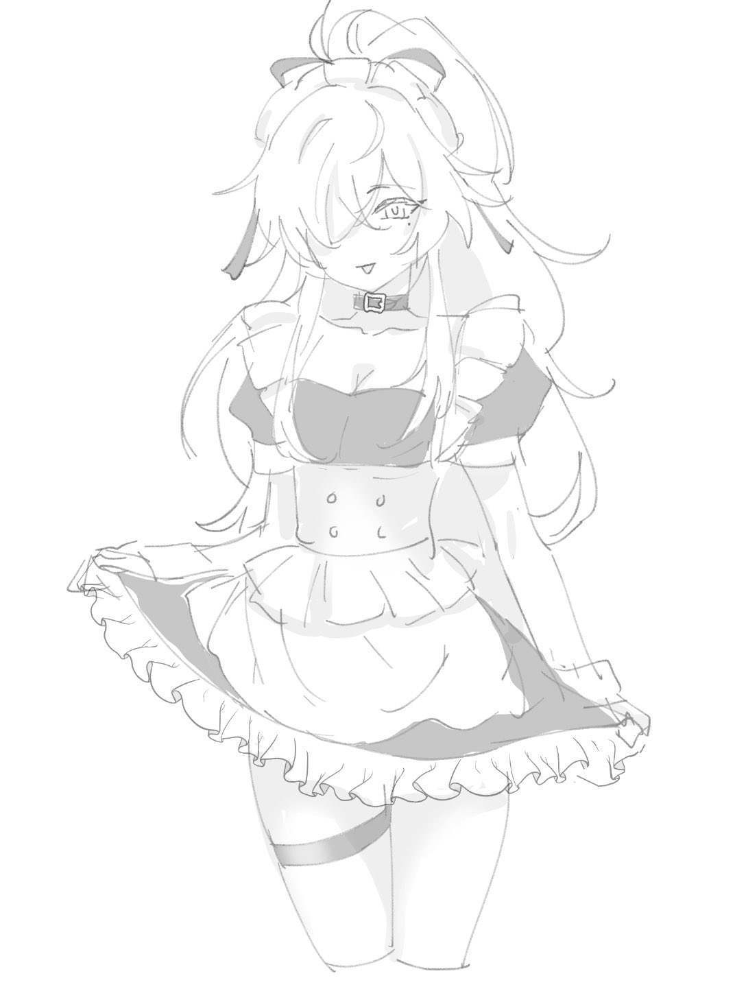 this is a black and white line drawing of an anime girl in a maid outfit. she has long, straight hair tied up in a ponytail with a bow. her eyes are large and she has a small, cute mouth. she is wearing a white maid dress with a black bodice and black trim. she also has a black choker around her neck. she looks like she's smiling and happy.
