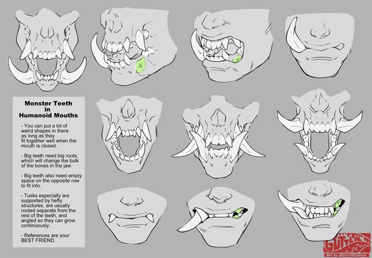 the image shows a guide for designing monster teeth and mouths. it has nine different examples of teeth shapes and positions in different humanoid mouths, showing different variations on fangs and teeth. the guide includes descriptions and tips on how to design the teeth and mouths, and emphasizes the importance of referencing real anatomy.