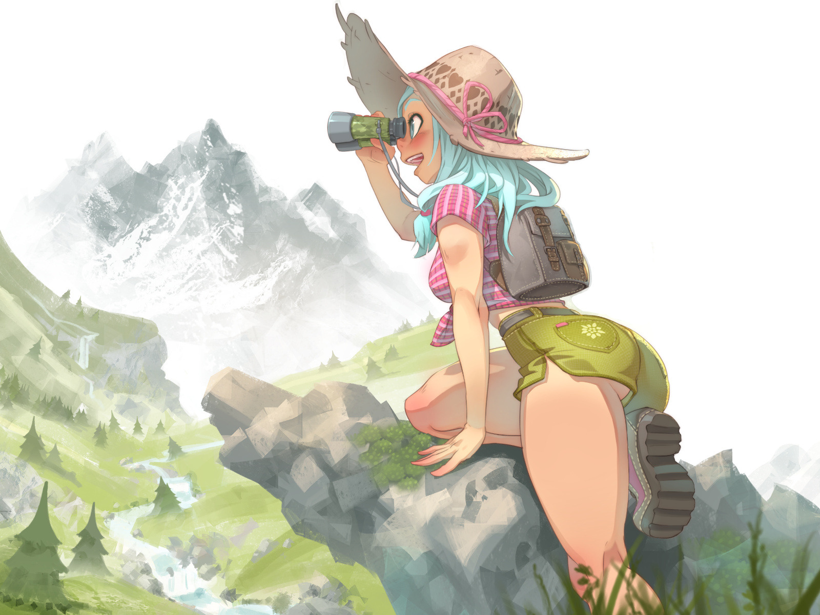 an anime girl with blue hair and wearing a hat, a backpack, and shorts, is looking through binoculars at a mountain range. she is standing on a rock formation with a river in the background. the mountains are covered in snow, and the sky is blue. the girl is smiling and looks happy to be hiking.