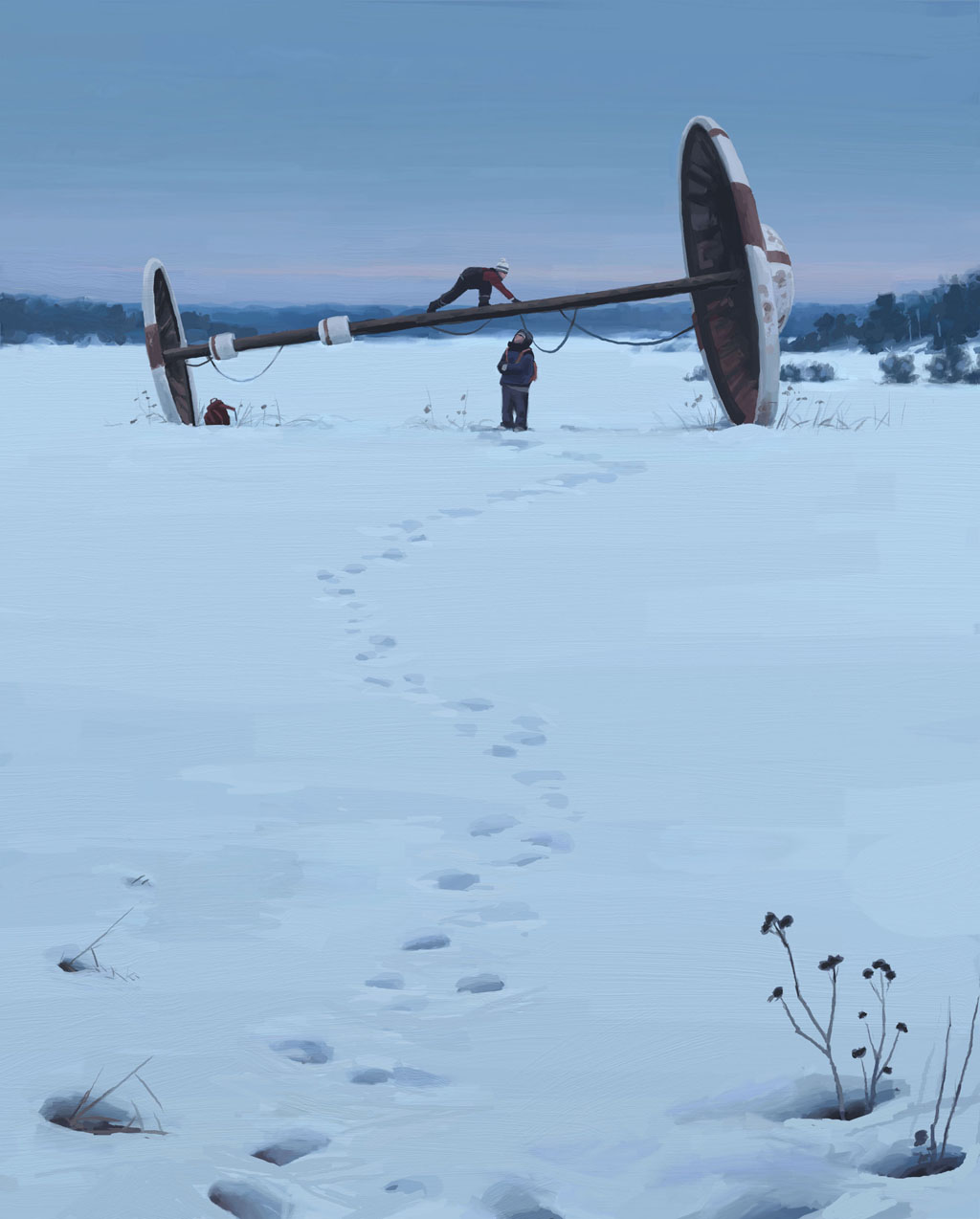 a snow covered field with a broken metal structure.  there are two people standing near the structure,  and a set of footprints leading away from the structure.   the sky is blue, and the trees are bare.