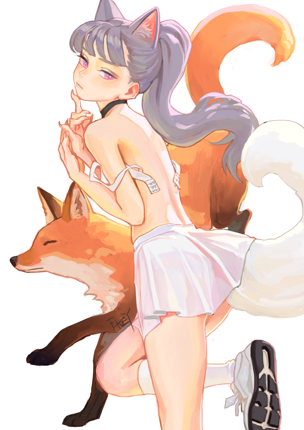 an illustration of an anime girl with fox ears and three fox tails. two tails are behind her and one fox is standing to her side. she is wearing a black choker, a white skirt, a white bra, white socks, and running shoes. she has her fingers to her lips as if she's thinking. the fox next to her is sitting on the ground with its eyes closed.