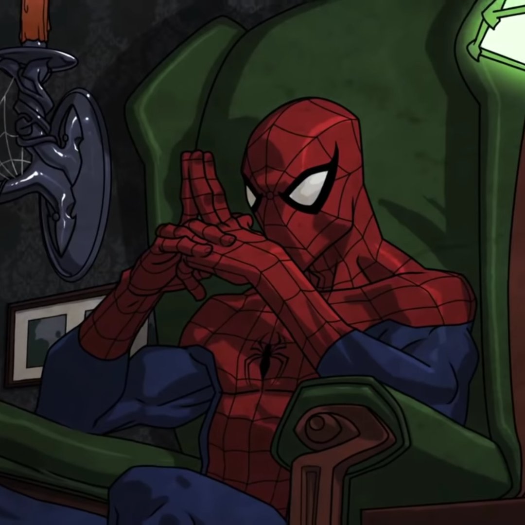 spiderman, clad in his iconic red and blue suit, sits contemplatively in a dark green armchair. his head is bowed, hands steepled in thought, and his expression is hidden behind his mask. the lighting is dim, casting the scene in an atmosphere of mystery and intrigue. the background hints at a grand, perhaps even eerie, setting.