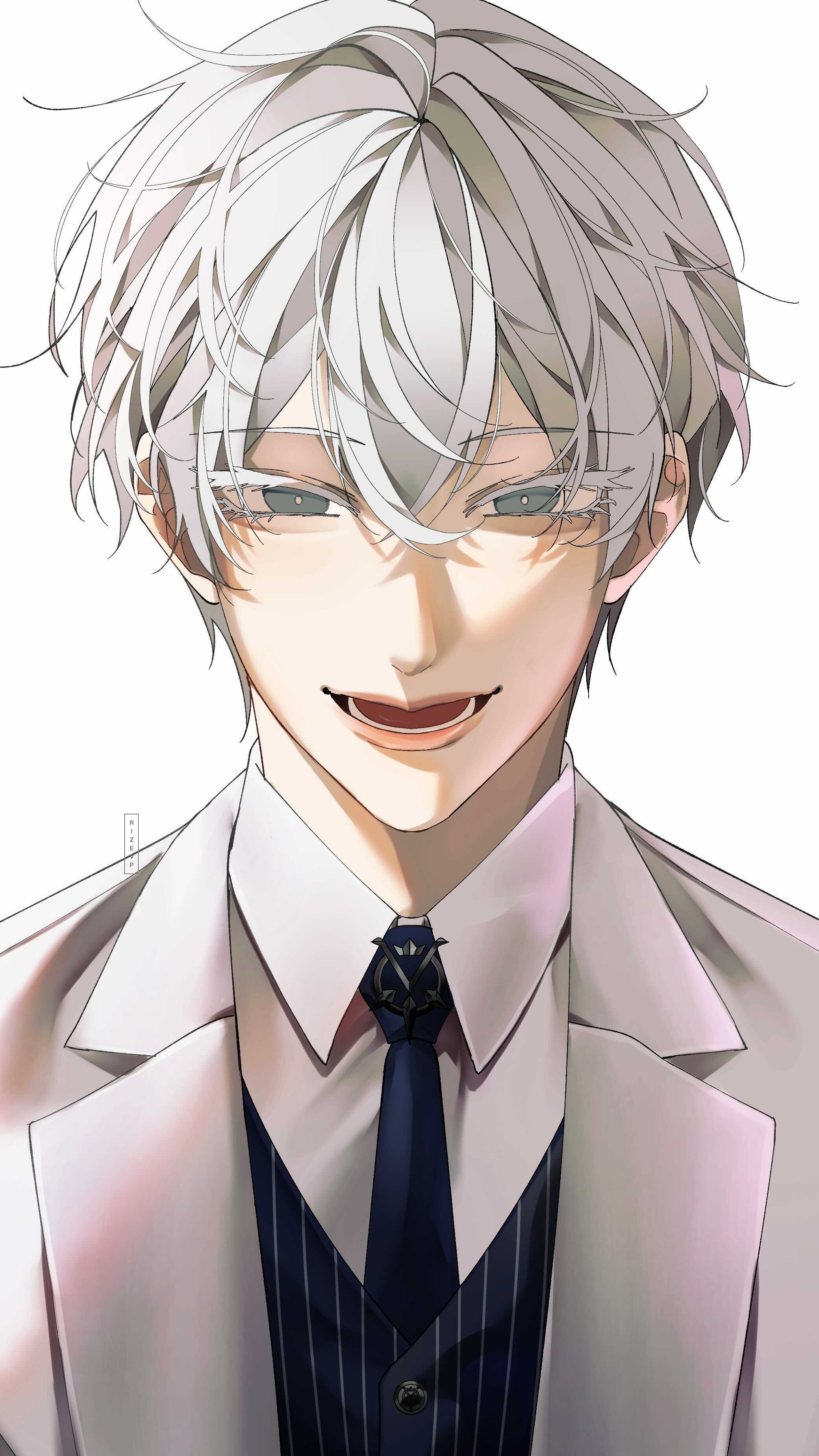 the image is a digital illustration or artwork depicting a handsome animestyle young man with long, styled white or silver hair. he's wearing a sharp, lightcolored suit with a darker pinstripe vest and a darkcolored tie. his expression is a sly or knowing smirk, giving him a somewhat mischievous yet sophisticated look. the background is plain white, making the character the clear focus. the art style is clean and polished, with attention to detail in both the character's features and clothing.