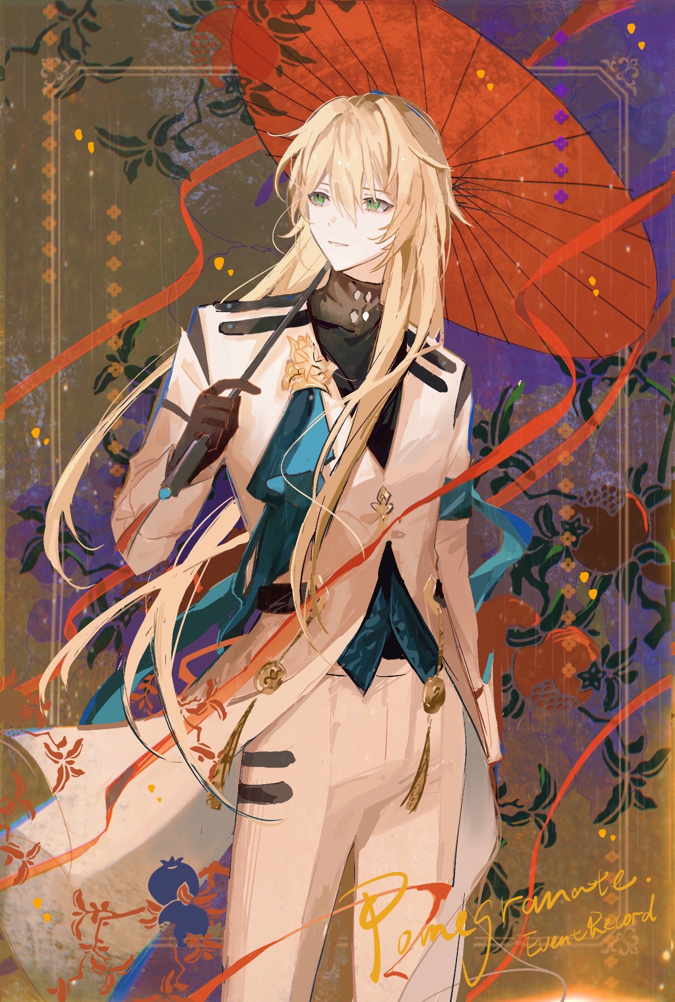 the illustration features an animestyle male character with blond hair and green eyes, standing against a backdrop of traditional chinese/japaneseinspired art. he is dressed in a white suit and holding a red umbrella. his clothes are decorated with intricate details and patterns, and the background is filled with vibrant colors and swirling floral motifs. the overall style is fantastical and visually appealing, typical of anime and manga art.