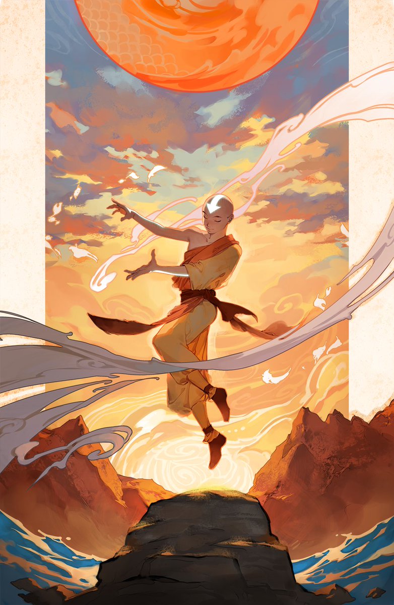 the image is a vertical artwork depicting aang from avatar: the last airbender. he is floating in the air, with his arms outstretched as if he is airbending. he is bald and wearing traditional monk attire. swirls of air surround him. the background features an orange sky with clouds and a large orange sun. below him, there is a mountainous landscape and ocean with blue water.