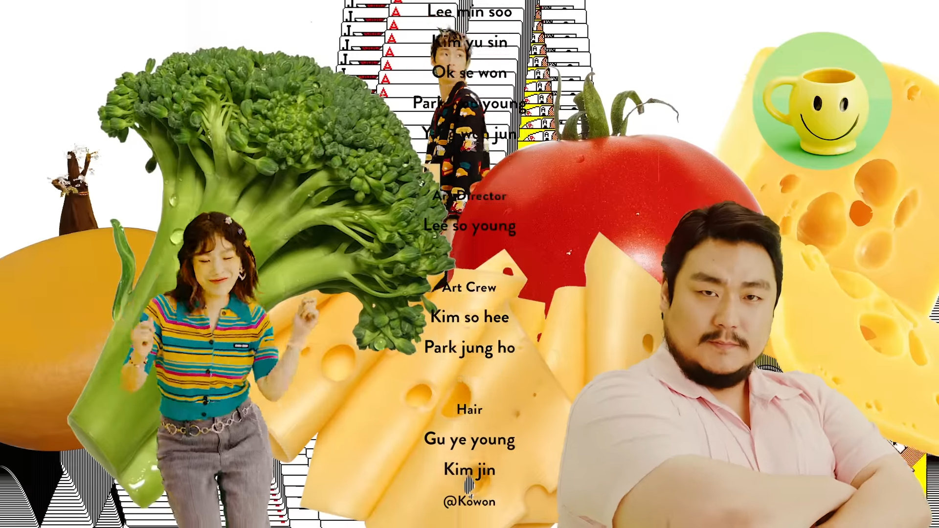 he image is a digital collage featuring four individuals, three men and one woman, who appear to be korean pop idols. they are superimposed onto a chaotic background of oversized food items, including a tomato, broccoli, cheese, and a banana. text overlays, possibly referencing names and roles, are scattered throughout the image, contributing to its busy and humorous aesthetic. the overall effect is surreal and playful, suggestive of a meme or fanmade content.