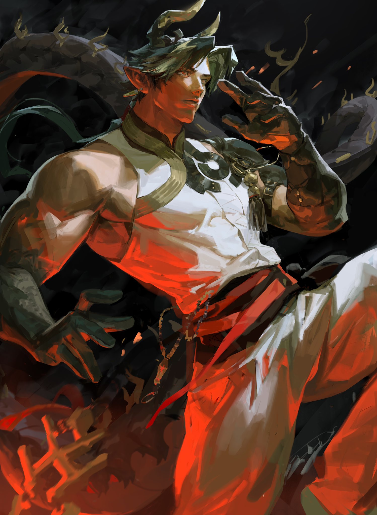 a digital painting of a muscular fantasy male character. he has horns, glowing eyes, and wears a white and red outfit. he is posed in a strong warrior stance, with his right hand up near his face, as if signaling to attack. his right arm is adorned with a golden bracelet. the background is a dark, fiery blur.