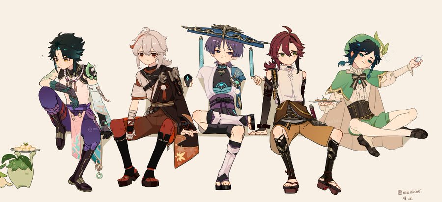 this is a drawing of six anime boys from the game genshin impact. they are all sitting down together. one boy has green hair and is holding a plate of food. another boy has purple hair and is wearing a long white robe. the third boy has red hair and is wearing a white shirt and brown shorts. the fourth boy has white hair and is wearing a brown and red shirt. the fifth boy has blonde hair and is wearing a blue shirt and black pants. the sixth boy has black hair and is wearing a pink shirt and purple pants. all the boys are smiling and looking happy. they are all together as friends.