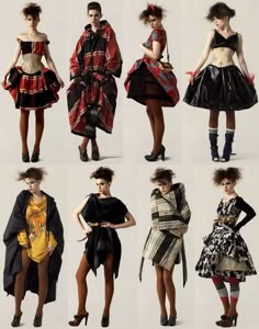this is a photo collage of nine women in various fashion styles. each woman is dressed in a unique outfit, from a long, red and black gown with a cinched waist to a short, white and gray dress with a cape. their hairstyles and makeup are also varied, with some sporting bold eyeliner and others going for a more natural look. the overall effect is one of vibrant energy and creativity.