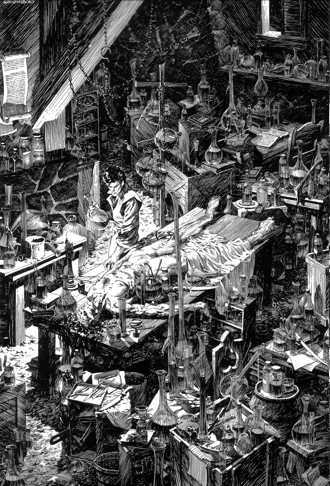 the image depicts a scene in a dark and cluttered laboratory. a man, presumably an alchemist or scientist, stands over a dissecting table on which a corpse lies. the laboratory is filled with various tools and equipment, suggesting experiments and perhaps even the pursuit of forbidden knowledge. the lighting is dramatic, casting deep shadows and adding to the overall sense of mystery and foreboding.