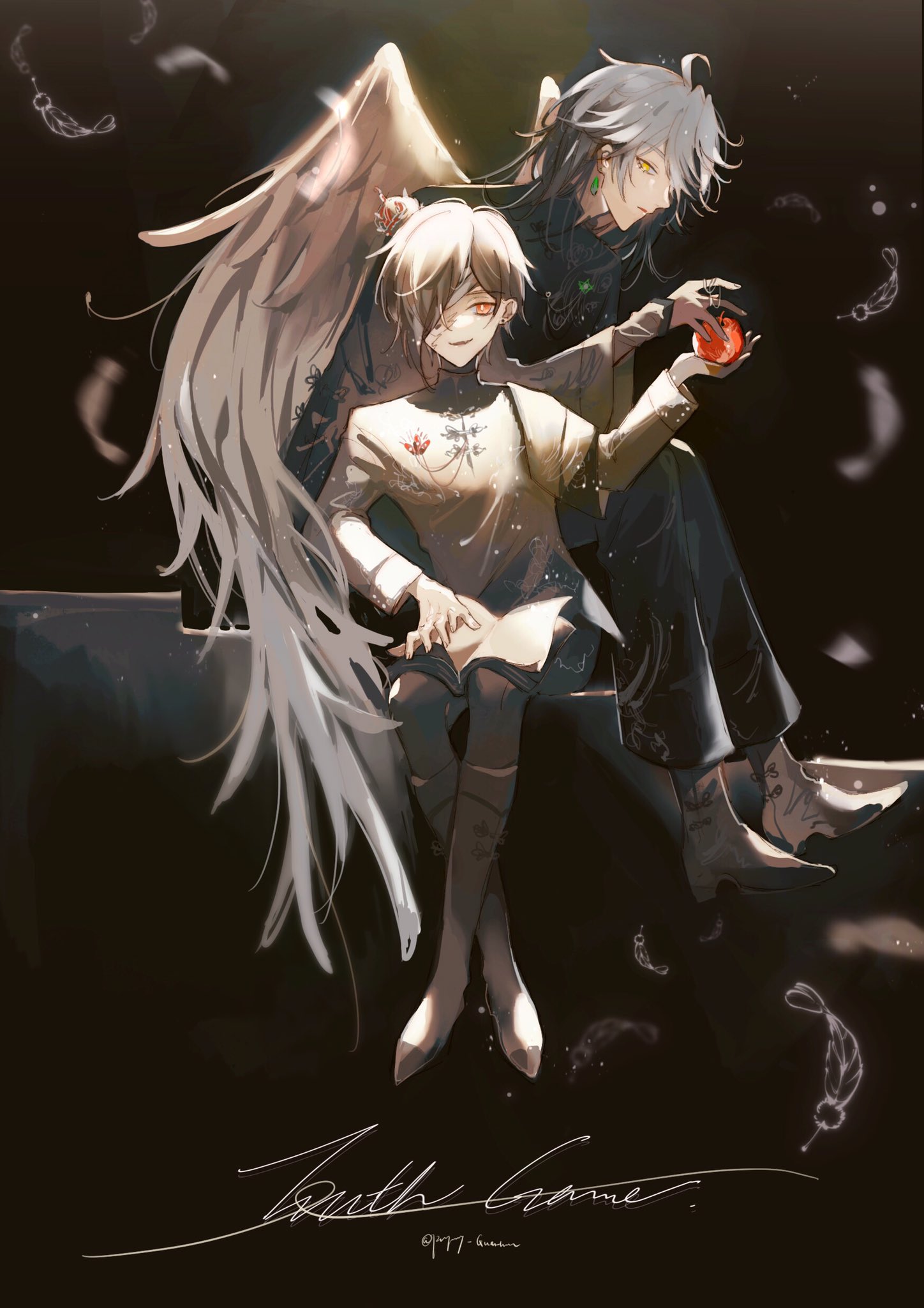 the image is a digital illustration of two anime characters. the first character, a girl with white hair and a white dress with a black wing is sitting on a dark platform. the second character, a girl with black hair and a black dress is sitting beside the first character and holding a red fruit. the background is dark and has white feathers scattered around. there are also other objects in the background like a white wing. the text "truth game" is written at the bottom of the image.