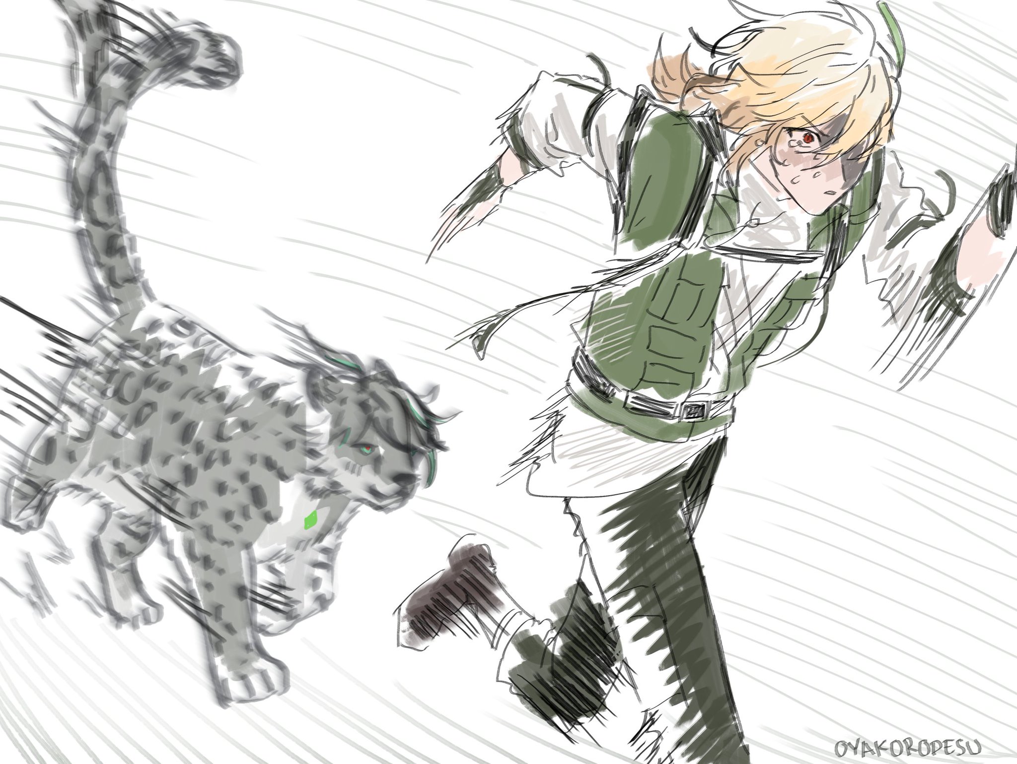 the illustration is a dynamic sketch of a young anime girl with blonde hair, wearing a green vest and pants, running at high speed while holding a sword in its sheath. the girl has a determined expression with her eyes closed, indicating focus and agility. the background is filled with motion lines, creating a sense of movement and blurring. alongside the girl, a snow leopard is also running at high speed, mirroring the girl's movement. the image showcases a fight scene with a heightened sense of action, emphasizing the characters' speed and determination.