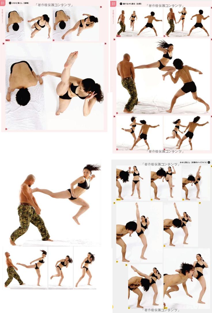 the image is a collage of photos from what appears to be a japanese martial arts pose reference book. each photo features a man and a woman engaged in various fighting stances, kicks, and blocks. the background is consistently white, and the lighting is bright and artificial, likely from a studio setting.