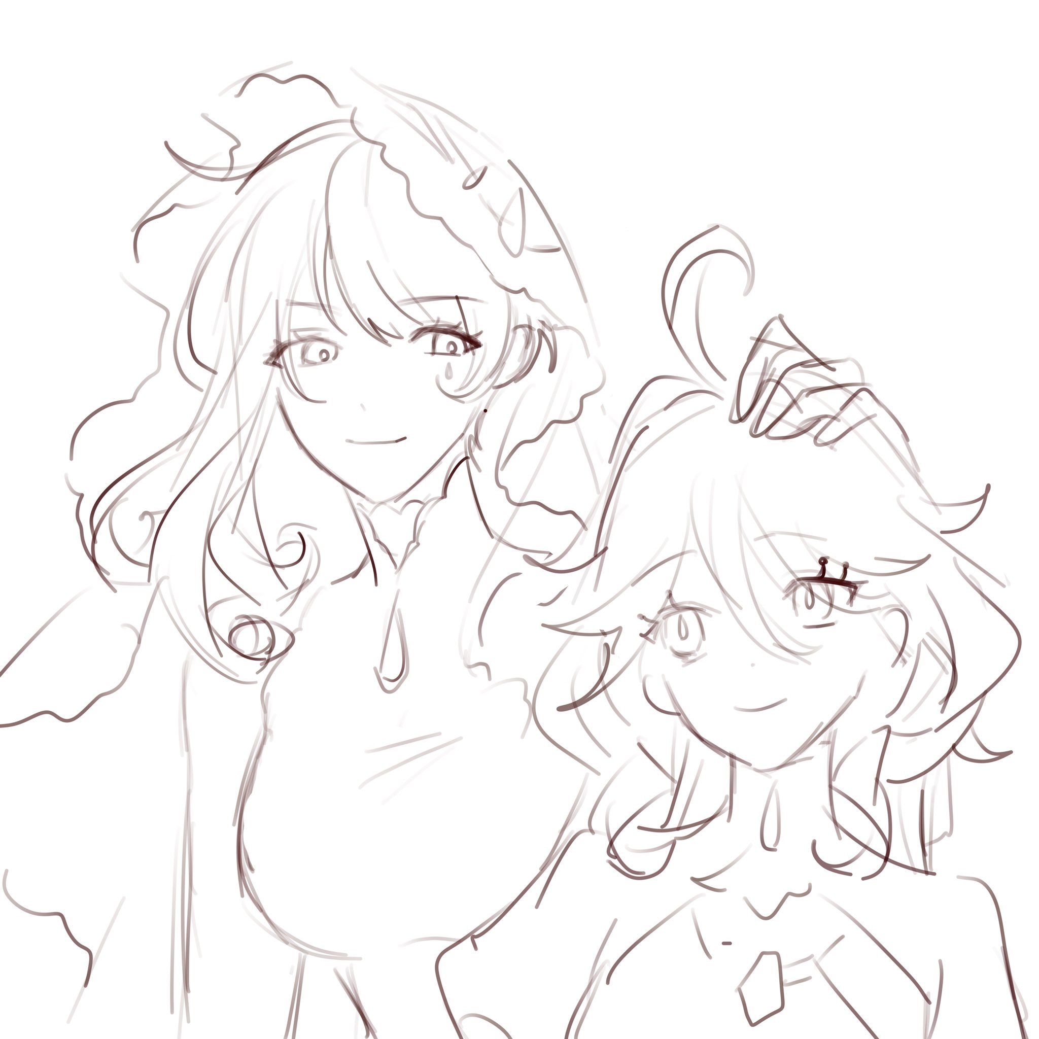 this is a sketch of two anime girls. the girl on the left is wearing a dress with a large collar and has her hair up in a bun. the girl on the right has long hair that is flowing down her back. they are both smiling and appear to be close friends. the drawing is done in a simple style with black lines on a white background.