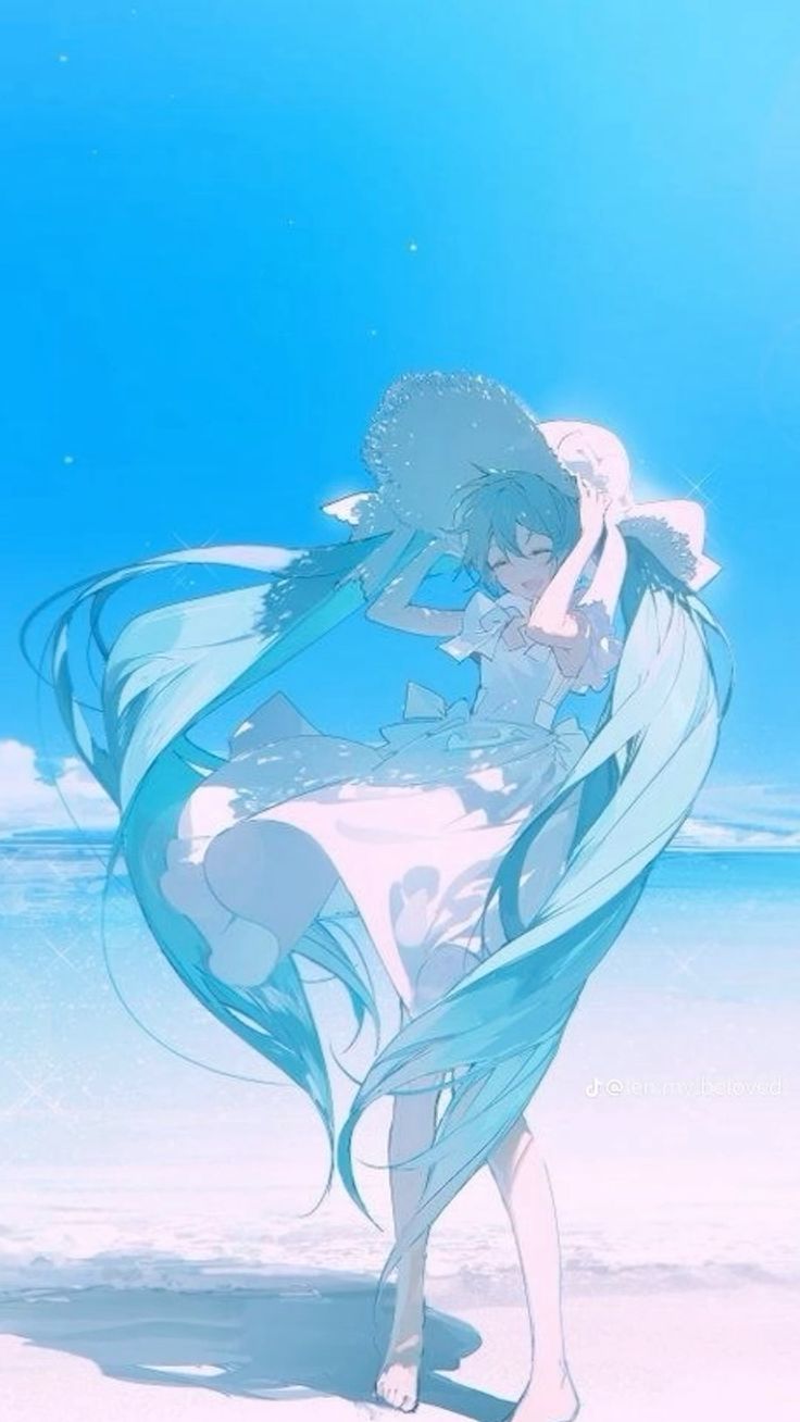 an anime girl with long blue hair is standing on a beach in a white dress and a hat. she is smiling and looks happy. the sky is blue and the water is clear. it is a beautiful summer day.