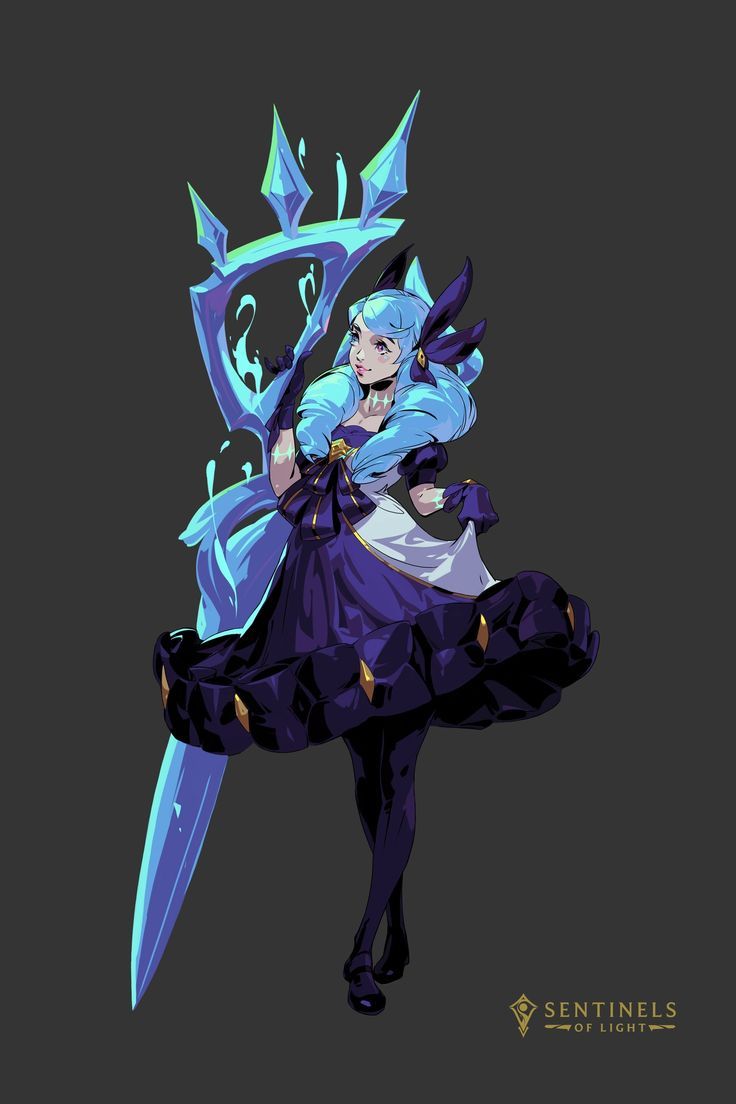 the image is a piece of concept art or fanart depicting orianna, a champion from the video game league of legends, in her sentinel of light skin. she is styled as a magical girl, with long, flowing blue hair and a dark purple dress adorned with gold accents.  she holds a large, icy, crystalline staff or weapon that seems to be an extension of her magical abilities.  the art style is vibrant and stylized, reminiscent of anime or manga. the background is a simple, dark gray, allowing the character and her bright attire to stand out. the "sentinels of light" logo is subtly placed at the bottom, indicating the event or skin line to which the artwork belongs.