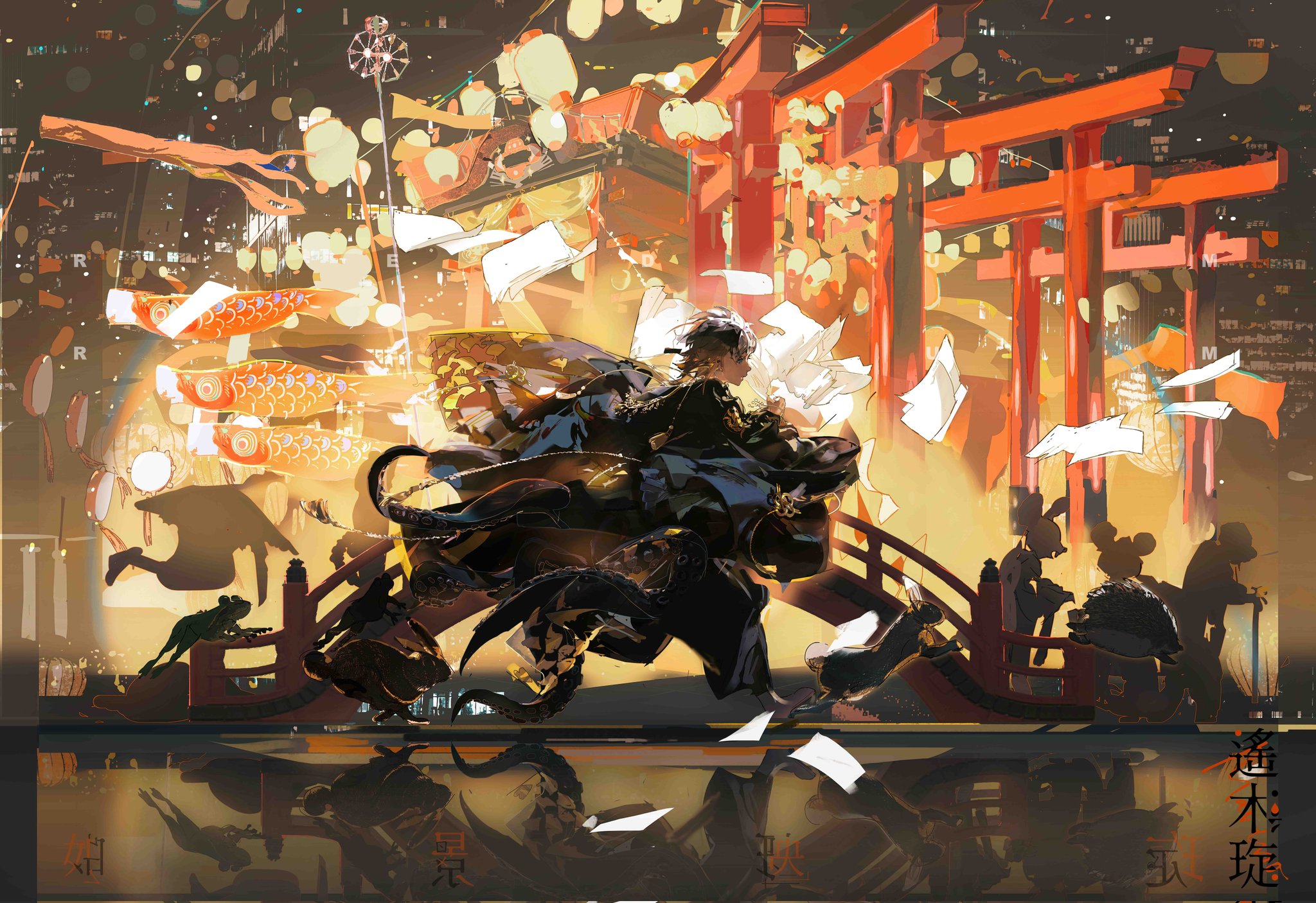 this is a digital painting of a young woman in a black outfit standing on a bridge in a fantasy cityscape at night. the city is filled with lanterns and lights, creating a magical atmosphere. the woman is surrounded by flying pieces of paper and a large, octopuslike creature.  the background features several red torii gates.