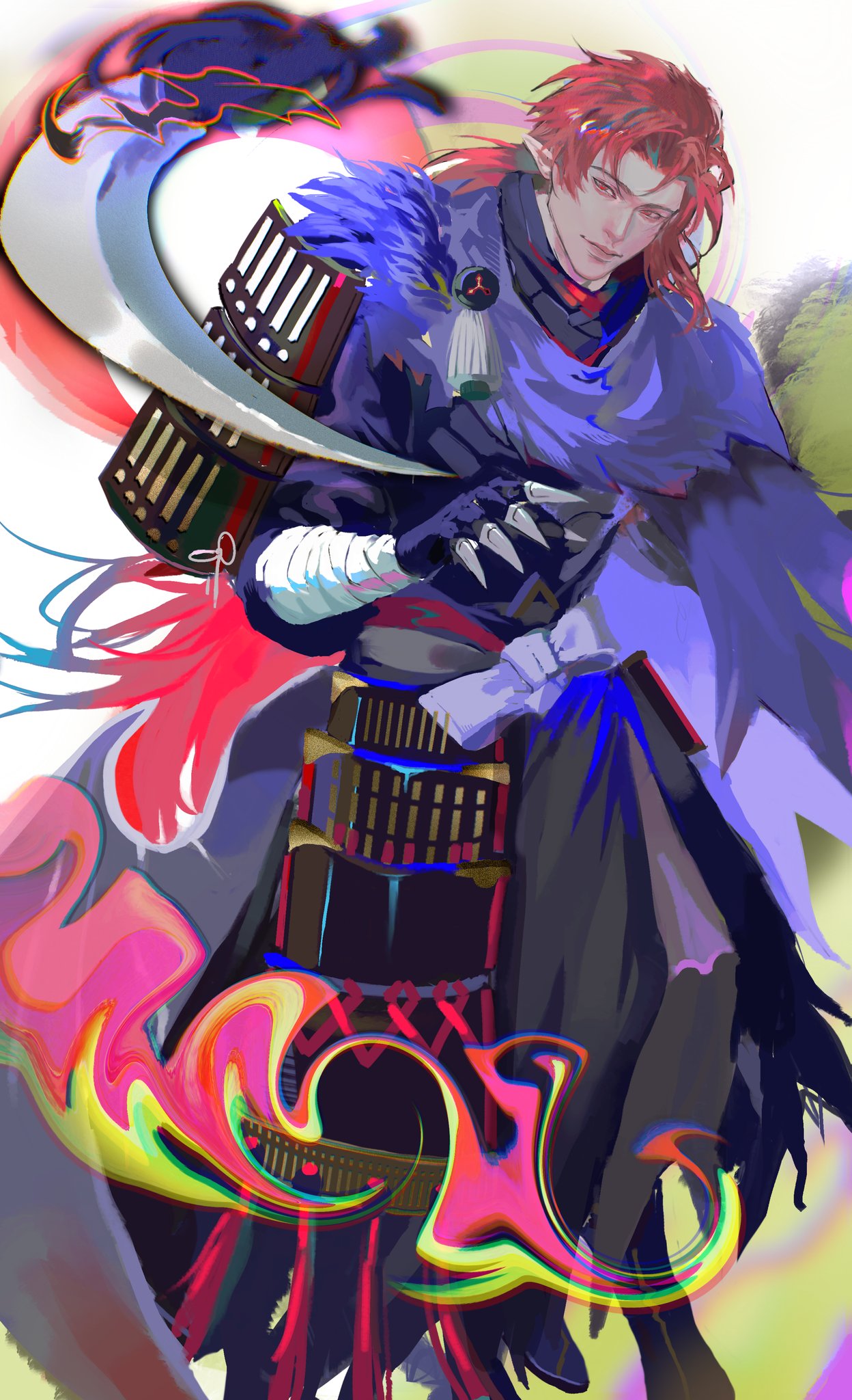 the image is a digital illustration of an anime character. the character is a young man with red hair, wearing traditional japanese samurai armor. he is holding a katana and has a serious expression on his face. the background is abstract and colorful, with swirls of red, green, and yellow. the character is depicted in a dynamic pose, suggesting movement and power.