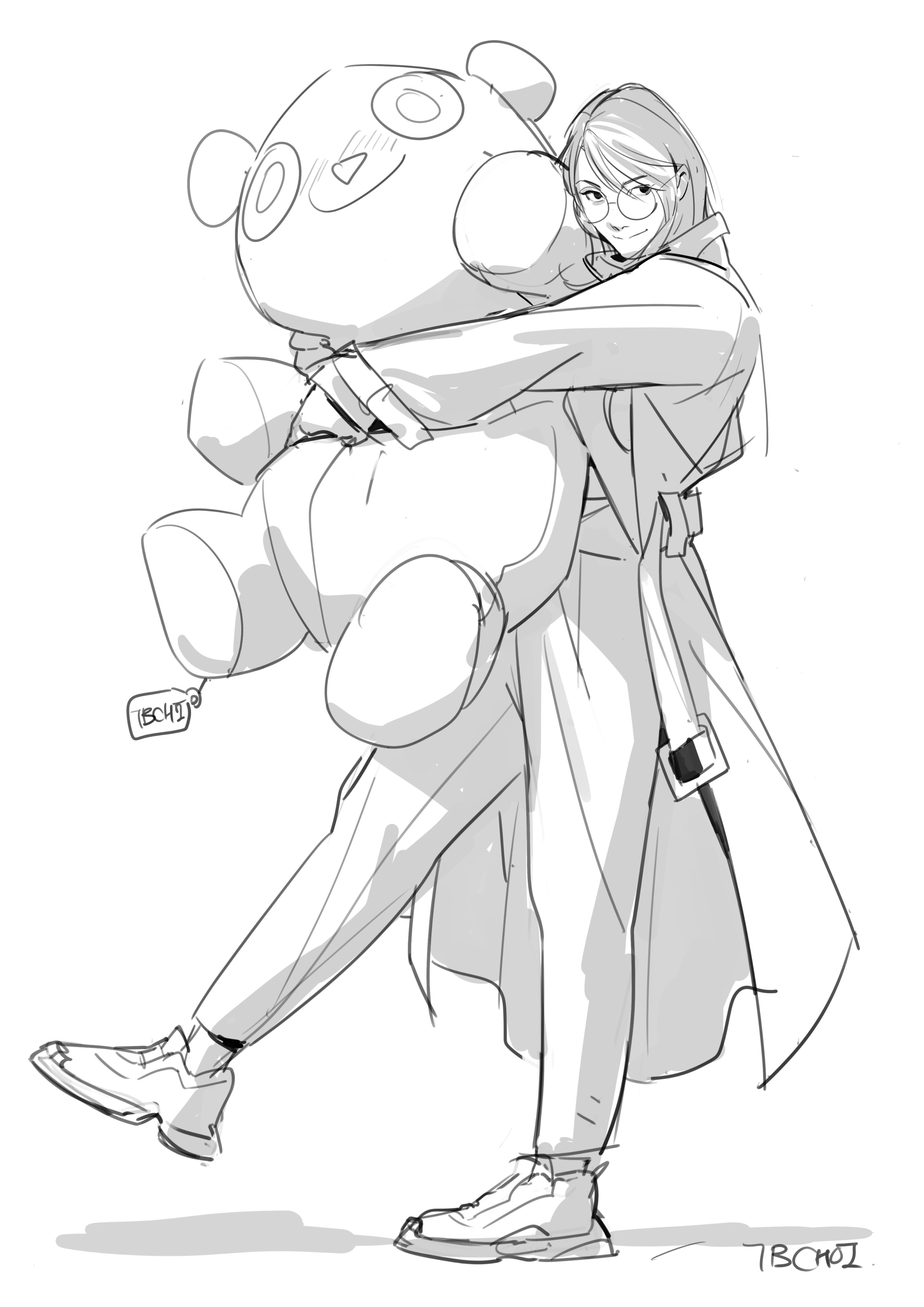 the image is a stylish, loosestyle sketch or drawing of a young woman in an oversized coat, happily hugging a large panda plush toy.  the art style is reminiscent of anime or manga, characterized by clean lines, expressive eyes, and a focus on pose and gesture. the woman wears glasses and appears content and playful. the overall mood is light and casual. the artist's signature, "7bcho1", is visible in the bottom right corner.
