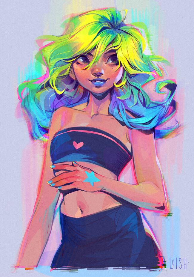 this colorful digital illustration depicts an animestyle girl with blue and yellow hair, wearing a black crop top with a pink heart design and a blue skirt. the background is a mix of vibrant colors, creating a cheerful and lively atmosphere. the girl smiles and looks out towards the viewer, radiating a joyful energy.