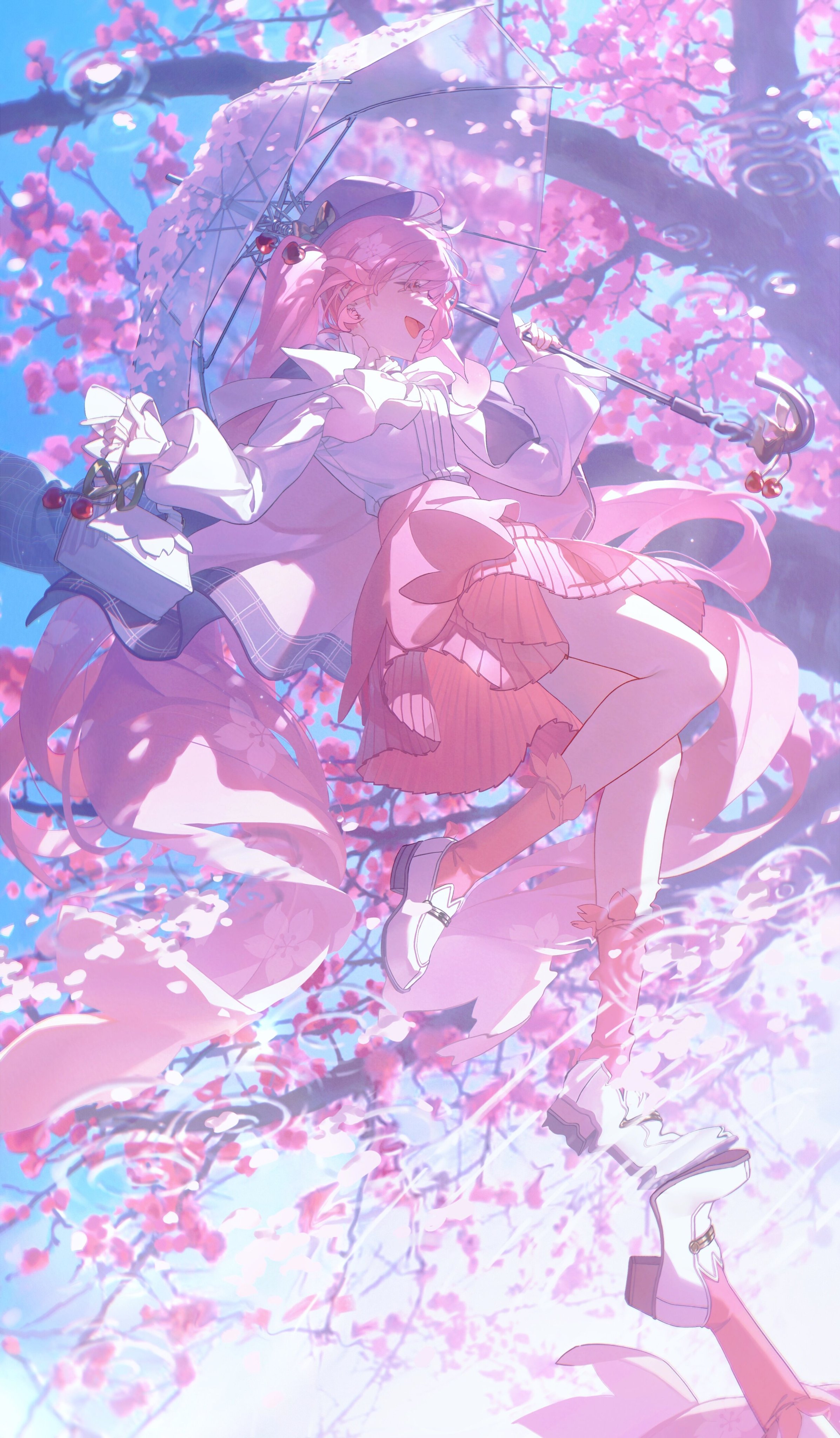 an anime girl with pink hair is holding an umbrella amidst blooming cherry blossoms. she is wearing a white dress and pink skirt, white shoes, and pink stockings. the background shows a clear blue sky and tree branches covered in pink cherry blossoms.