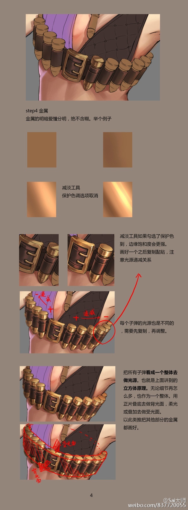 this image is a digital art tutorial showing how to paint metallic surfaces, specifically a bullet belt. it breaks down the process into four steps, each with an accompanying image and a brief description of the techniques used. the tutorial emphasizes the importance of defining the form of the metal with light and shadow, using tools like the dodge and burn tools in a drawing program. it also stresses the importance of treating the entire bullet belt as a single unit when applying light and shadow, rather than painting each bullet individually.