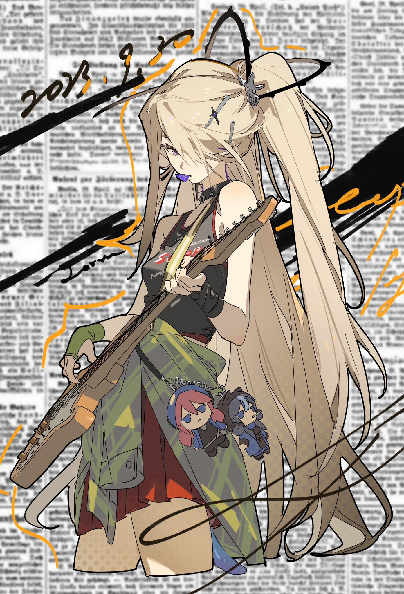 he image is a stylized digital drawing of an animestyle girl with long blonde hair in a ponytail. she's dressed in casual rockinspired clothing, including a sleeveless shirt, shorts, and a green and plaid jacket. she's holding an electric guitar and has a necklace with small cartoon characters attached. the background is a blurred newspaper print with orange and black brush strokes overlapping it. the overall style is a mix of casual and rockandroll, with a slightly grunge aesthetic.
