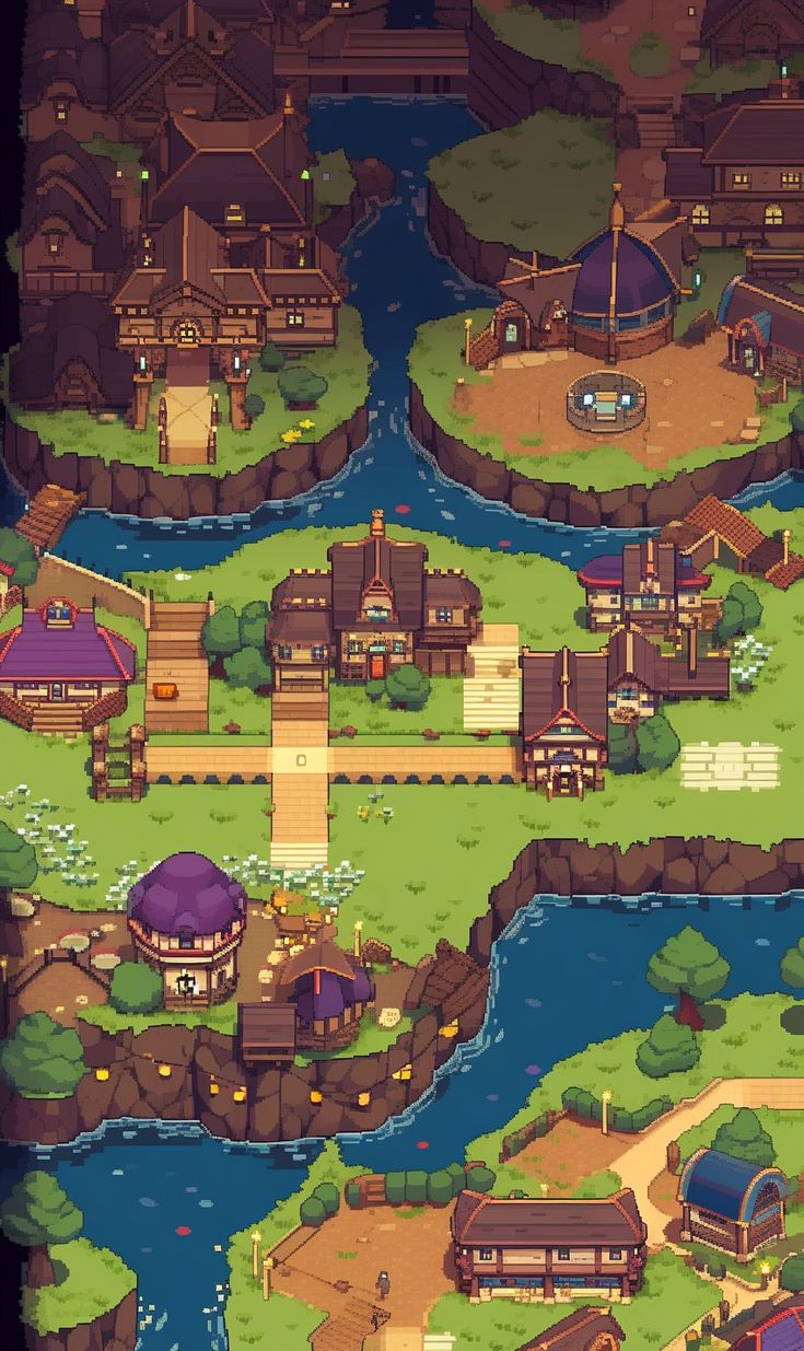 the image is a pixel art depiction of a small village or town situated around a river. the town features various buildings, including houses, shops, and what might be a church. a river winds through the town, spanned by a bridge. lush greenery and trees dot the landscape. the overall aesthetic is whimsical and charming, evoking a sense of fantasy and adventure. the perspective is topdown, allowing viewers to take in the entire layout of the town. the lighting is soft and ambient, suggesting a daytime setting.