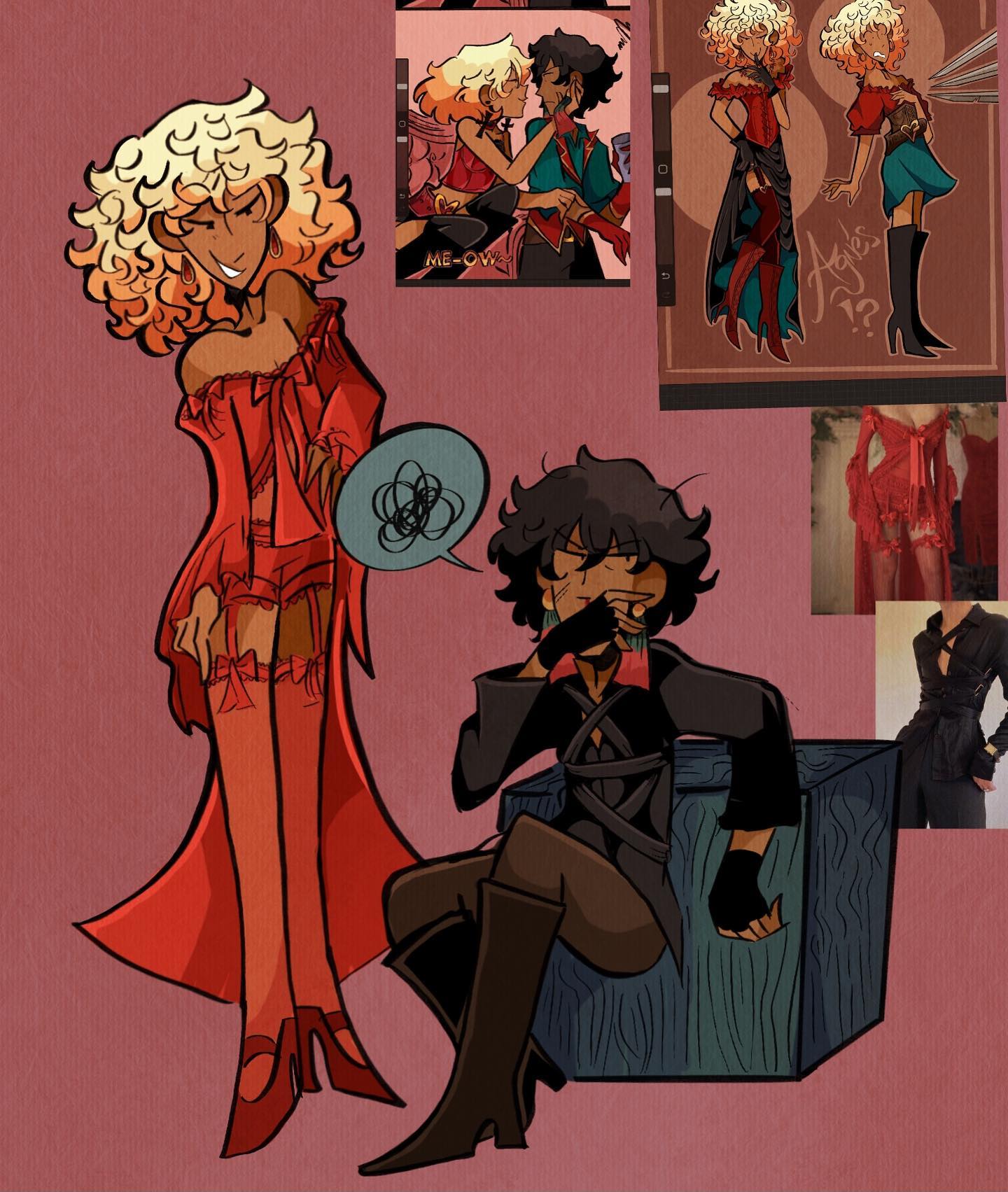 this is a digital art piece showing an anime style illustration of three characters. the main characters are on the left side of the image with the two others in smaller boxes in the top right and bottom right corner. the main characters in the left are a female with long blonde curly hair, wearing a red dress with white details and a female with dark brown hair, wearing a black suit and gloves, sitting on a green wooden box. the female in the dress is looking to the left while the woman in the black suit looks to the right, sitting with one hand covering her mouth and the other on the box. the top right box shows two women in different outfits, both looking to the left and the bottom right box shows a red dress and a woman in black dress, both looking to the left. the background is a pink color with a white and blue border. the characters are in different poses, and have different expressions, making them unique and interesting. the image is full of color and detail, and it is overall a great example of anime art.