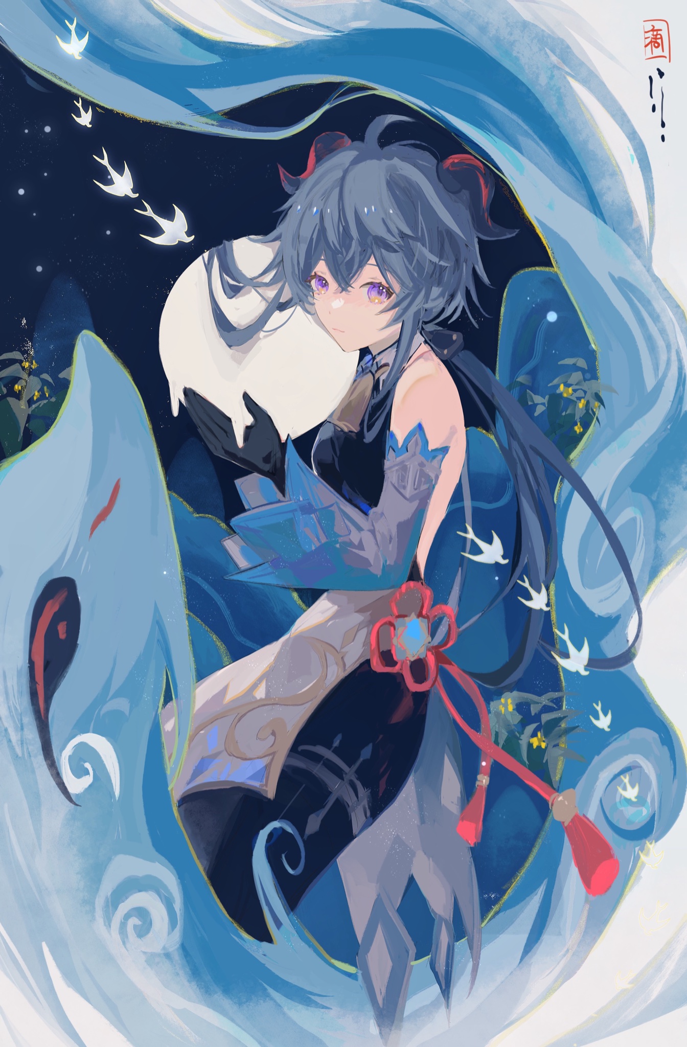 the image features a beautiful anime girl with long blue hair and purple eyes, dressed in a blue and white dress with a red flower on her waist. she is holding a white object in her hands and is surrounded by a flowing blue mist, representing water. there are white birds flying in the sky, adding to the magical and serene atmosphere of the image. the background is a dark blue, almost nightlike, and the overall style of the image is reminiscent of traditional japanese or chinese art, with an emphasis on flowing lines and vibrant colors. the chinese calligraphy in the top right corner adds a touch of authenticity and cultural significance to the image. the overall feeling is one of peace, tranquility, and beauty.