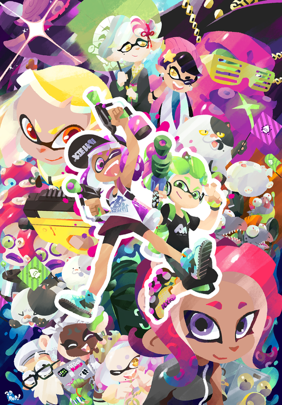 this illustration features a group of cute, colorful characters from the splatoon video game series. they're all inkling squid girls, each with their unique style and expression. the illustration is full of energy and movement, with the characters posing dynamically and interacting with each other. the color palette is vibrant and playful, reflecting the fun and quirky nature of the splatoon world. the illustration captures the essence of the splatoon series, which is all about teambased action, creativity, and style.