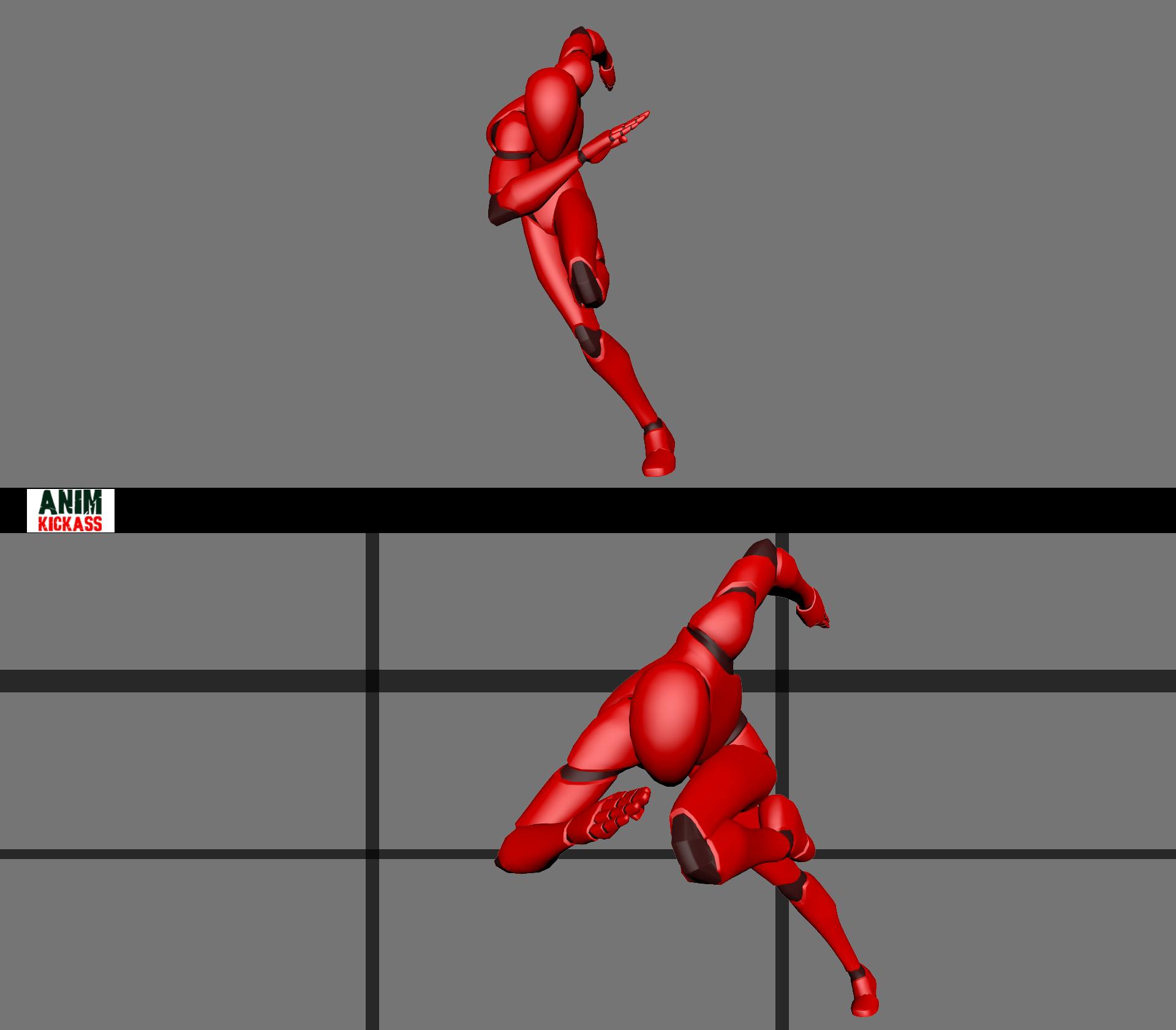 the image shows two renderings of a red humanoid figure in dynamic action poses, likely for animation or motion capture purposes. the figures are set against a gray background with a grid. the upper figure is in midair with one leg extended and the other bent, while the lower figure is closer to the ground in a similar running or leaping pose. the figures have a simplified, mannequinlike appearance, with segmented limbs and a shiny red surface.