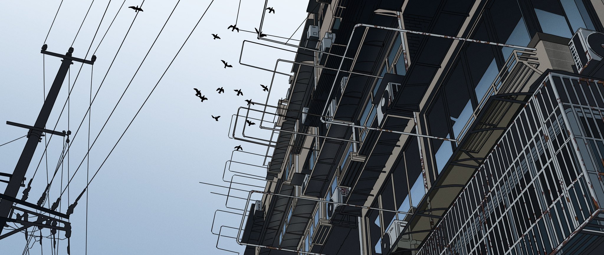 the image is a stylized illustration or drawing of a tall, narrow building with numerous balconies and windows. the building looks aged and possibly rusty, showing signs of wear.  power lines with several birds in flight stretch diagonally across the sky, creating a juxtaposition between the urban and natural elements. the perspective is a low angle shot, looking up at the building. the overall style is graphic and somewhat minimalist.