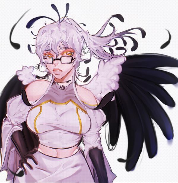 the illustration shows a beautiful anime girl with white hair. she is wearing a white and purple dress and has black wings. she is wearing glasses and has a cute expression on her face. the background is white with some black lines. the illustration is done in a digital style.