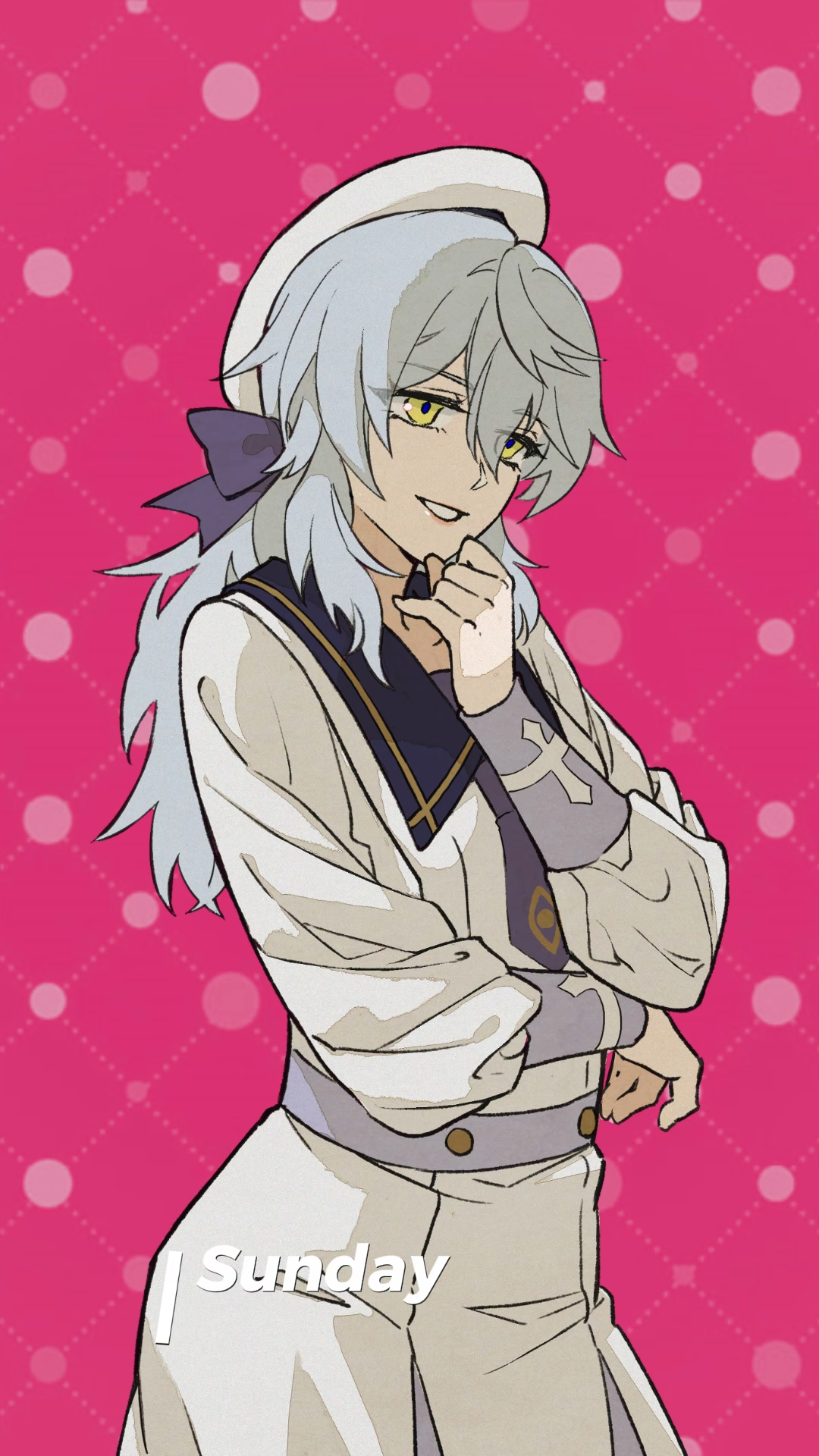 the image is a stylized digital drawing of an animestyle girl. she has long, silverygray hair, and is wearing a white outfit with a sailor collar and a white beretstyle hat.  she has a gentle smile and is posed with one hand on her chin. the background is a solid pink with a pattern of white dots and lines. the word "sunday" is subtly placed on the image. the overall style is reminiscent of manga or anime fanart.