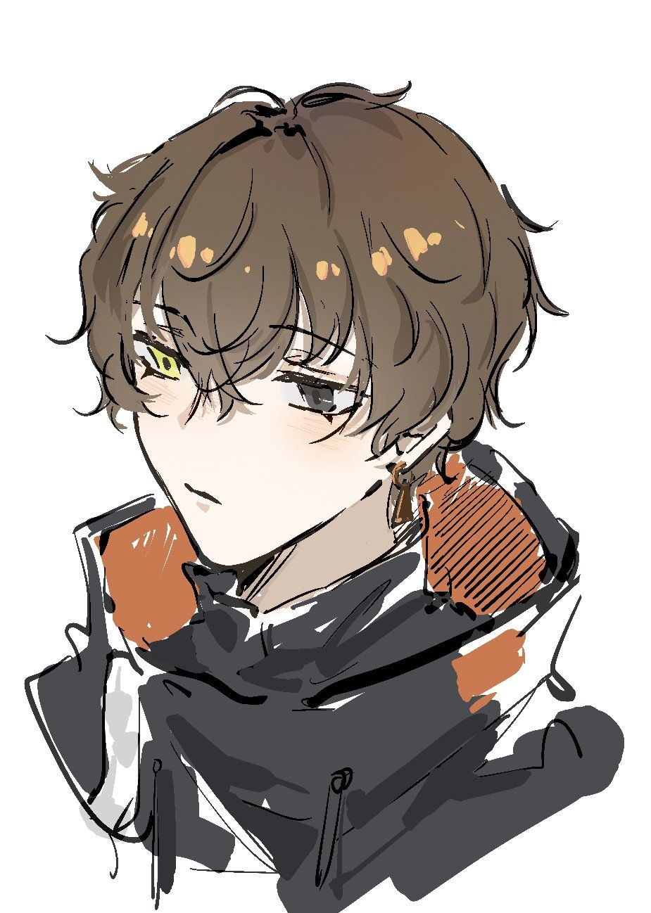 this is an illustration of a young male anime character. he has brown hair, green eyes, and is wearing a jacket with a collar. he's looking down and to the right of the frame.